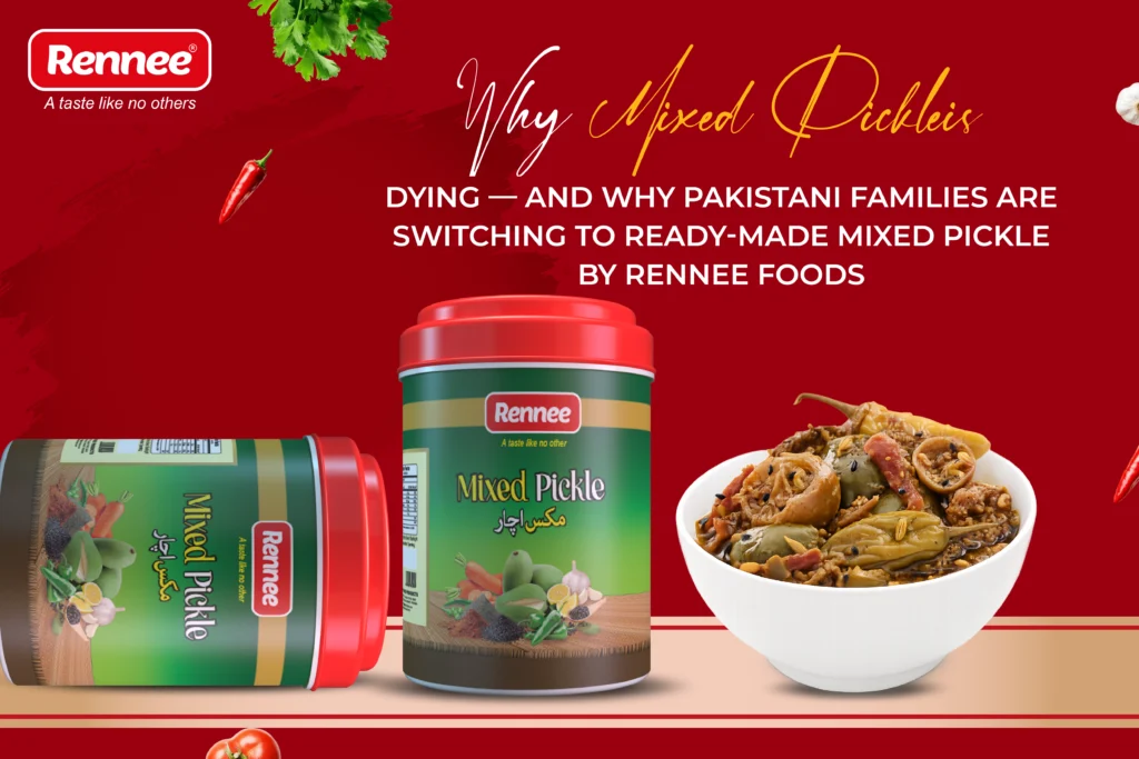 Pakistani family enjoying ready-made mixed pickle with traditional food by Rennee Foods